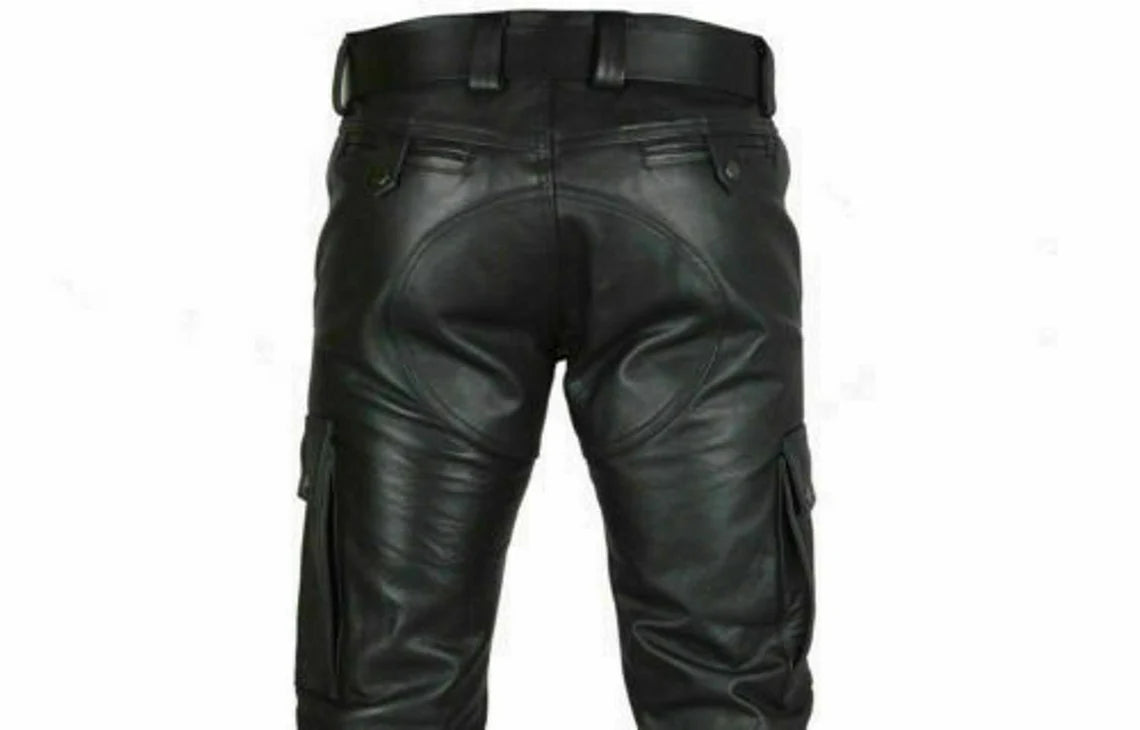 Pantalon de motard coupe slim en cuir véritable pour hommes