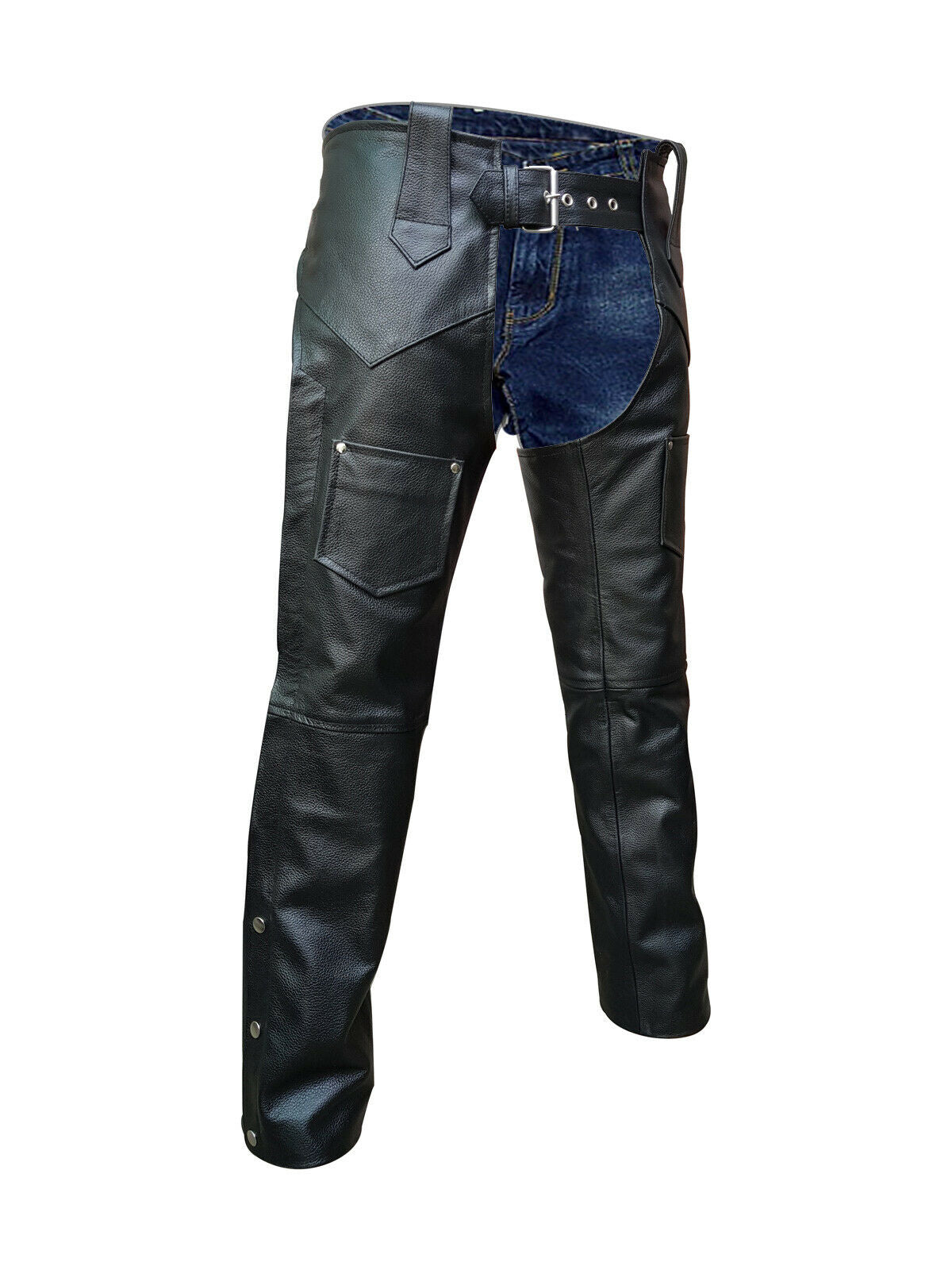 Schwarze Herren-Chaps-Bikerhose aus echtem Leder