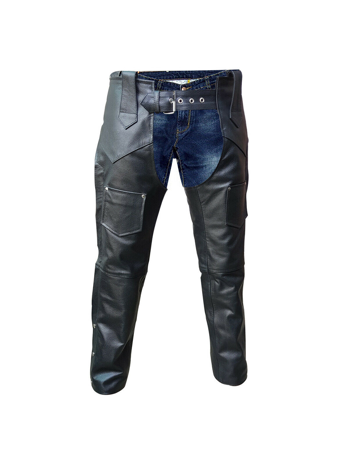 Schwarze Herren-Chaps-Bikerhose aus echtem Leder