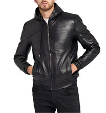Cargar imagen en el visor de la galería, Men's Black Genuine Leather Hoodie