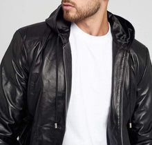 Cargar imagen en el visor de la galería, Men's Black Genuine Leather Hoodie