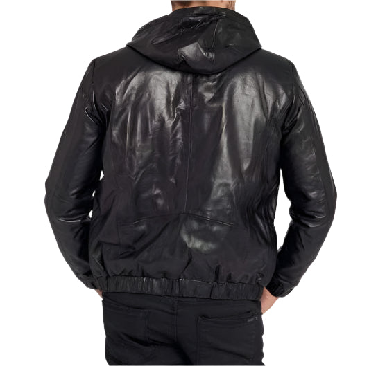 Sweat à capuche noir en cuir véritable pour homme