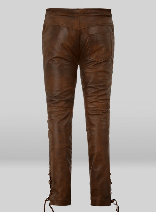 Men's Vintage Brown Lace Up Leather Jeans