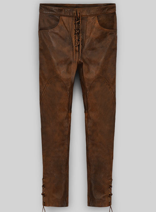 Men's Vintage Brown Lace Up Leather Jeans