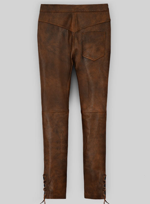 Men's Vintage Brown Lace Up Leather Jeans