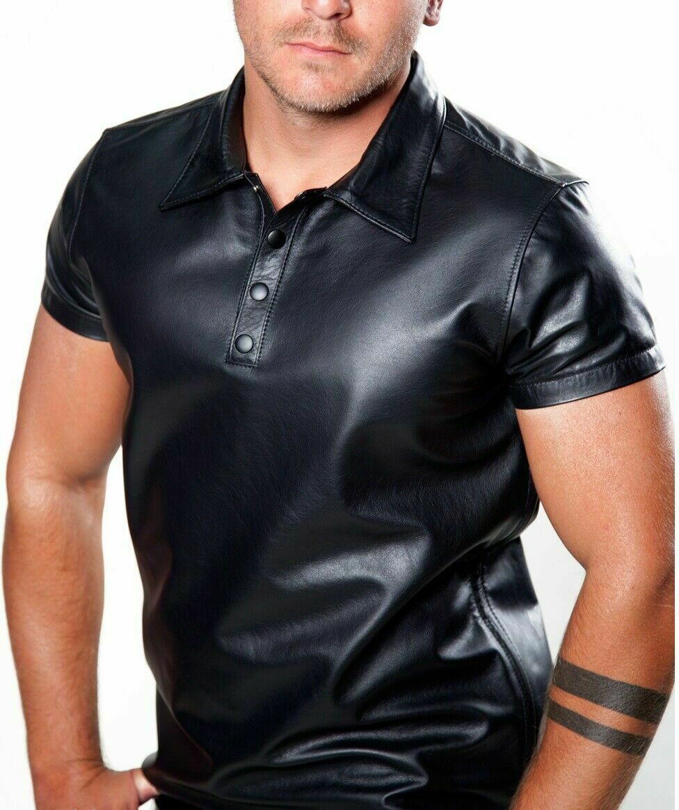 Schwarzes Herrenhemd aus echtem Leder im Polo-Stil