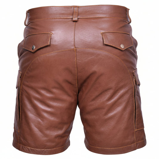 Men's Brown Genuine Leather Casual clubwear Cargo shorts