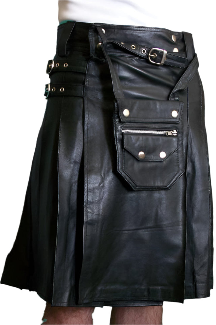 KILT UTILITAIRE en cuir véritable noir pour hommes avec SPORRAN
