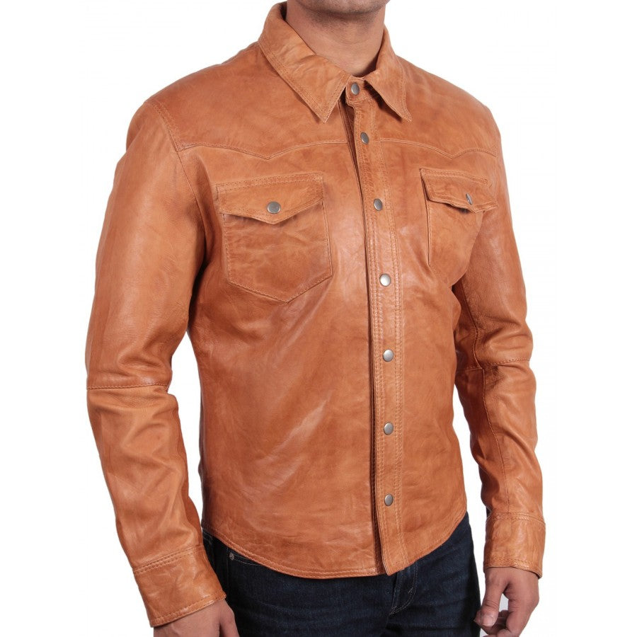 Men's Tan Genuine Leather Collared Full Sleeve Shirt