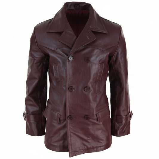 Maroon Double Breasted Leather Coat