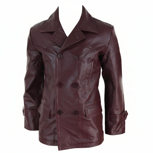 Maroon Double Breasted Leather Coat