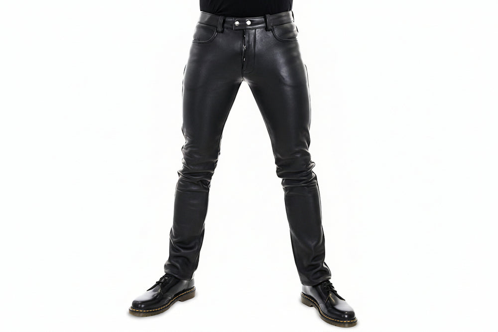 Men's Genuine Leather Button Fly Pants