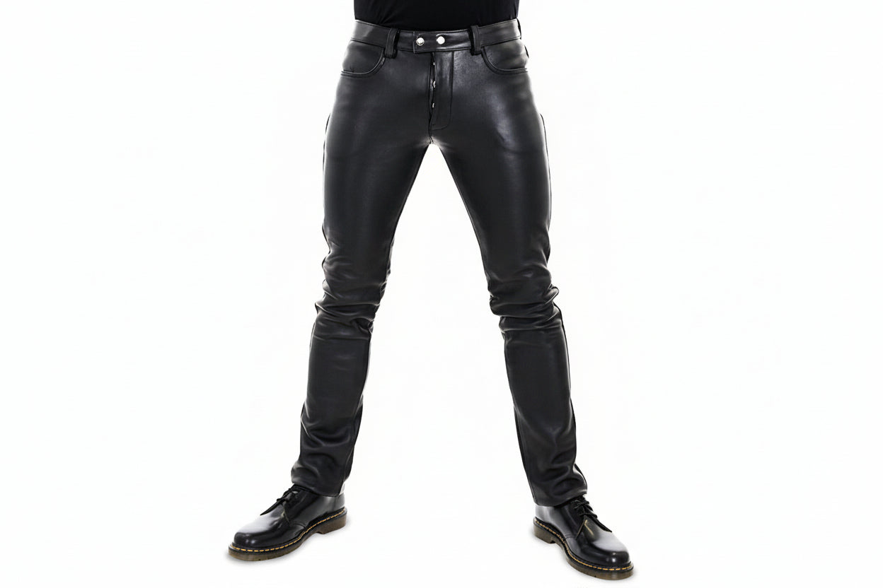Men's Genuine Leather Button Fly Pants