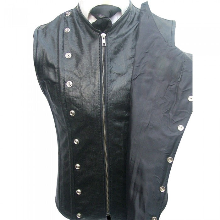 Gilet sans manches en acier en cuir véritable noir pour homme