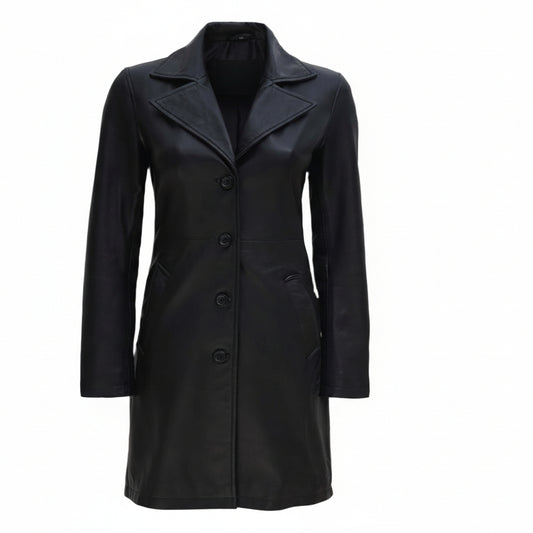Women's Black Genuine Leather 3/4 Length Coat