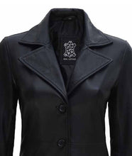 Lataa kuva Galleria-katseluun, Women's Black Genuine Leather 3/4 Length Coat