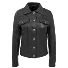 Laden Sie das Bild in den Galerie-Viewer, Schwarze Trucker-Jacke aus echtem Leder für Damen
