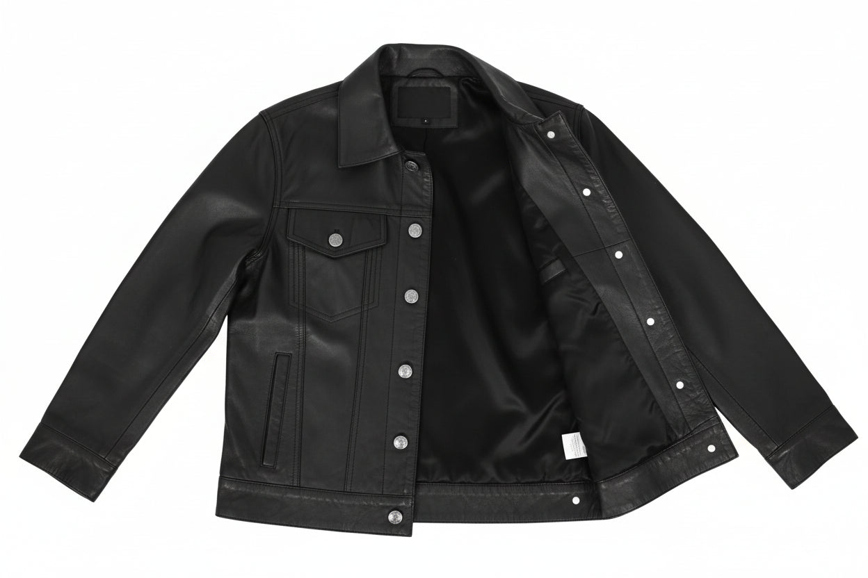 Schwarze Trucker-Jacke aus echtem Leder für Damen