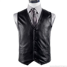 Charger l'image dans la galerie, Gilet sans manches en cuir de mouton véritable noir pour homme