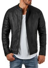 Load image into Gallery viewer, Men's Black Genuine Leather Padded Biker Jacket