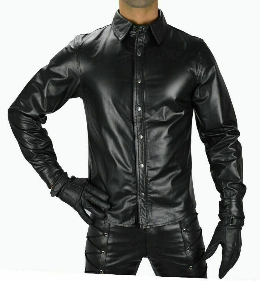 Men's Black Genuine Leather Long Sleeve Shirt