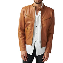 Load image into Gallery viewer, Men's Tan Genuine Leather Slim Fit Biker Jacket
