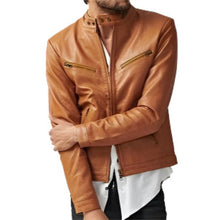 Load image into Gallery viewer, Men's Tan Genuine Leather Slim Fit Biker Jacket