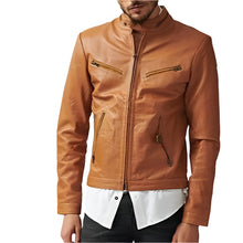 Load image into Gallery viewer, Men's Tan Genuine Leather Slim Fit Biker Jacket