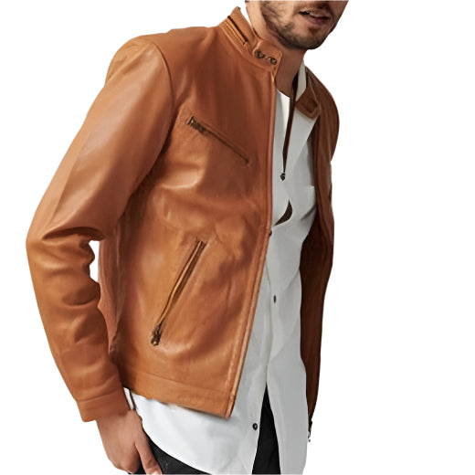 Slim Fit Bikerjacke aus echtem Leder in Hellbraun für Herren