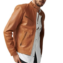 Load image into Gallery viewer, Men's Tan Genuine Leather Slim Fit Biker Jacket