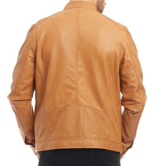 Men's Tan Leather Racer Neck Jacket