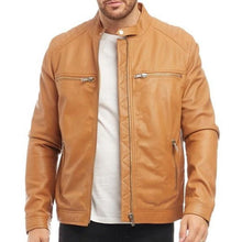 Laden Sie das Bild in den Galerie-Viewer, Hellbraune Bikerjacke aus echtem Leder mit Racerkragen für Herren