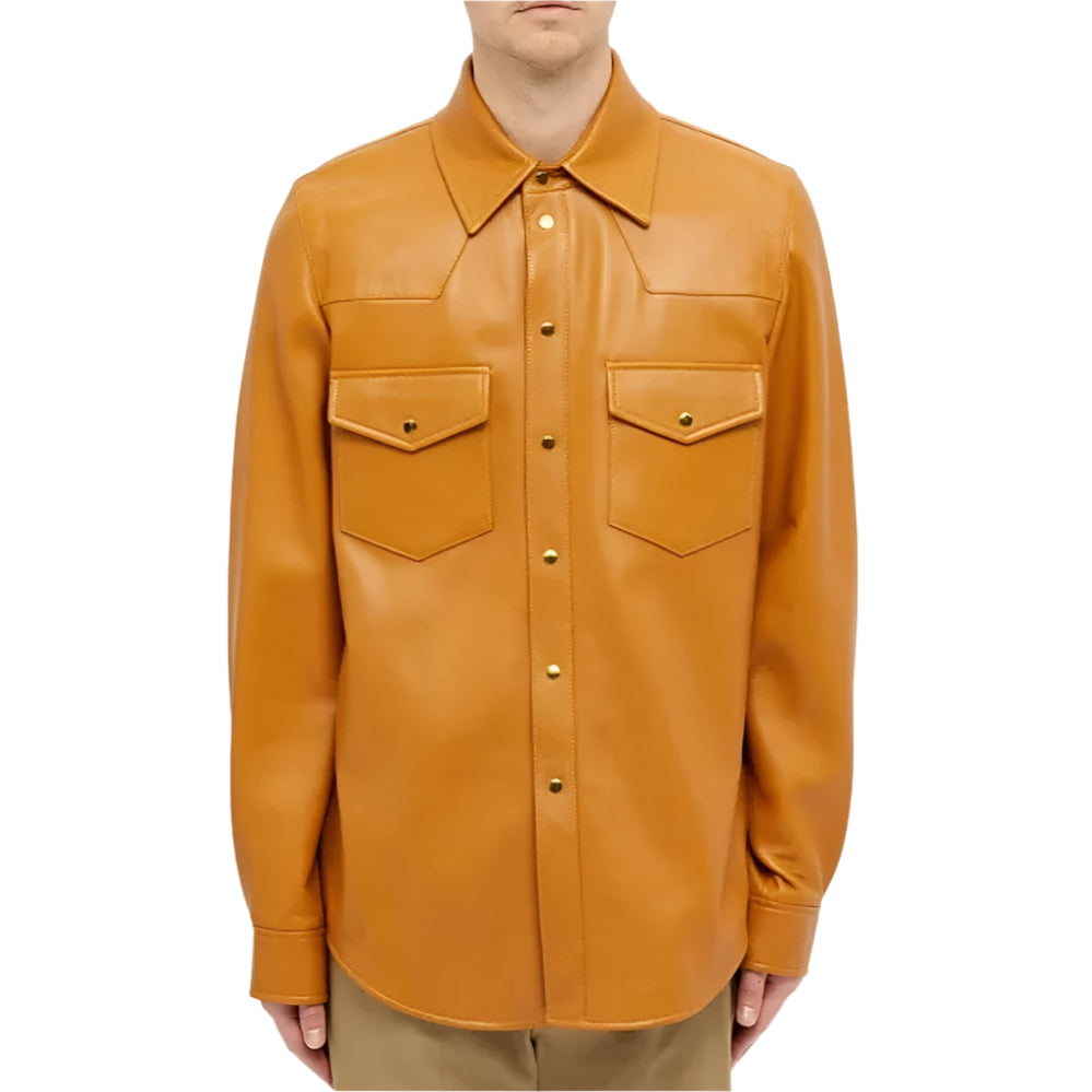 Men's Tan Genuine Leather Full Sleeve Shirt