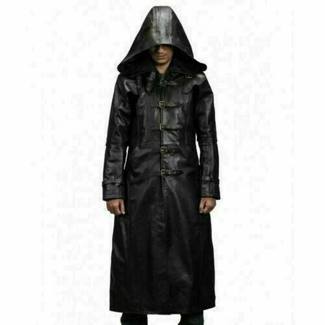 Herren Trenchcoat aus schwarzem Echtleder mit Kapuze Gothic Steampunk