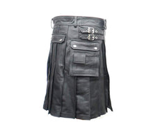 Last inn bildet i Galleri-visningsprogrammet, Men's Black Leather Utility Kilt Twin CARGO Pockets Pleated with Twin Buckles