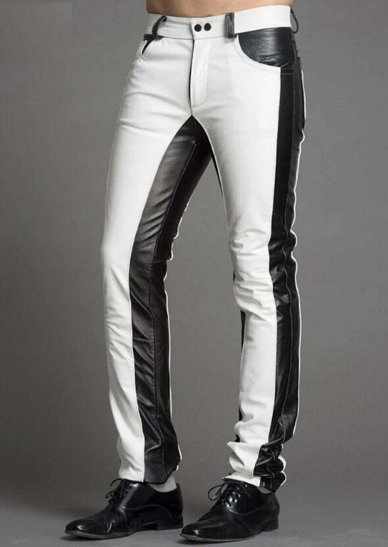 Men's Black & White Leather Pants