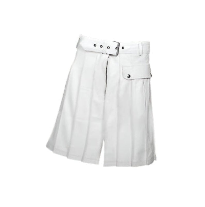 Men's White genuine Leather Utility Kilt Twin CARGO Pockets