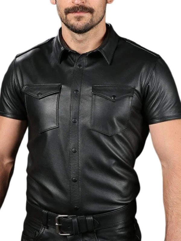 Men's Black Genuine Leather Short Sleeve Shirt