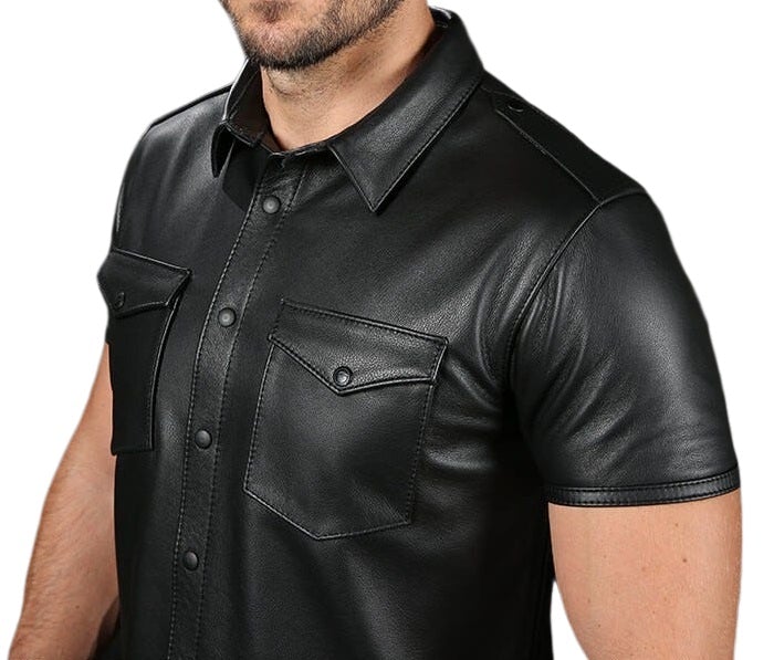 Men's Black Genuine Leather Short Sleeve Shirt