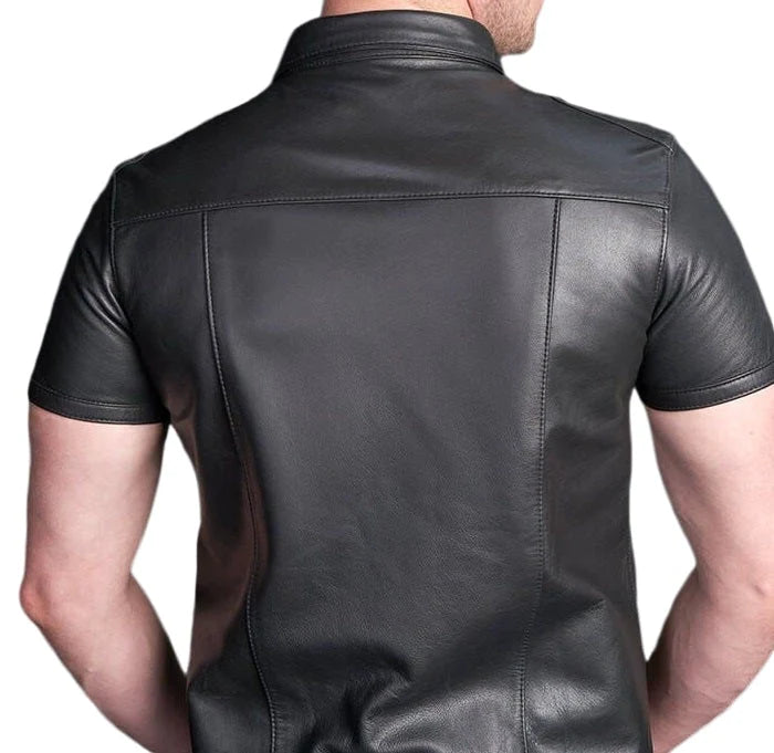 Men's Black Genuine Leather Short Sleeve Shirt