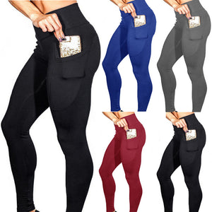 Mobile phone pocket leggings female solid color high elastic yoga hip high waist yoga pants