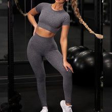 Lataa kuva Galleria-katseluun, Seamless Yoga Sport Set Fitness Women Running Leggings Short Sleeve Tops
