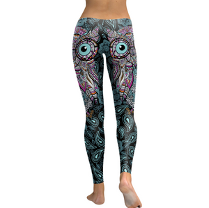 Women Cool Owl Digital Print Flower Fitness Workout Leggings