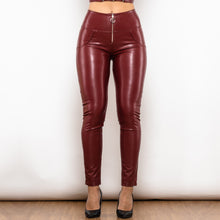 Indlæs billede til gallerivisning Shascullfites Melody Red Leather High Waist Pants With Ring Zipper Scrunch Bum Leather Leggings Women Sexy Pants
