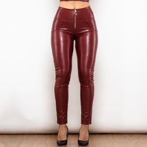 Shascullfites Melody Red Leather High Waist Pants With Ring Zipper Scrunch Bum Leather Leggings Women Sexy Pants