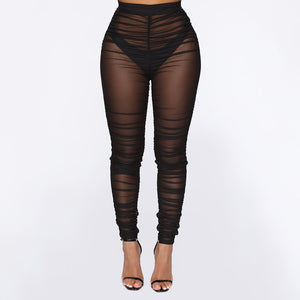 Tight Pleated Mesh See-Through Leggings