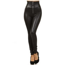 Cargar imagen en el visor de la galería, Ladies Black Solid Color Slim Zipper PU Leather Leggings
