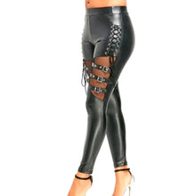 Load image into Gallery viewer, Women Leather Skinny Slim Trouser Gothic Punk Fishnet Trim Lace Pant
