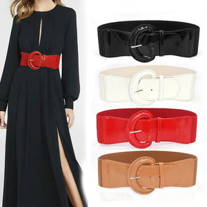 Women Luxury Waist Belts For Dress Pu Patent Leather Elastic Band Waist Belt