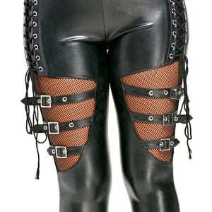 Women Leather Skinny Slim Trouser Gothic Punk Fishnet Trim Lace Pant